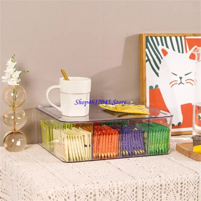 

L69A Acrylic Teas Bag with Lid for Drawer Clear Coffee Storage Box with Multiple Compartments Snacks Holder