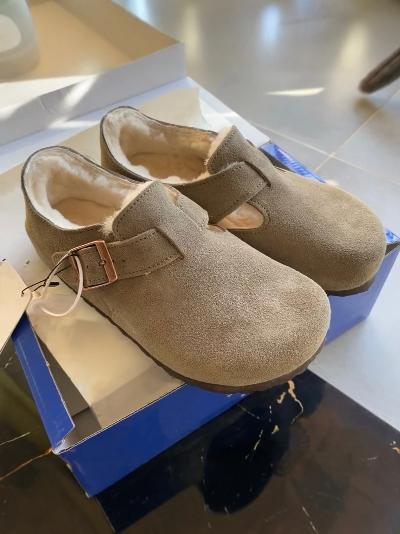 Thickened Fleece Slippers Men's Winter Home Wear Outdoor Mule Toe Covering Slip-On Warm Bken Cotton Shoes Synthetic Leather