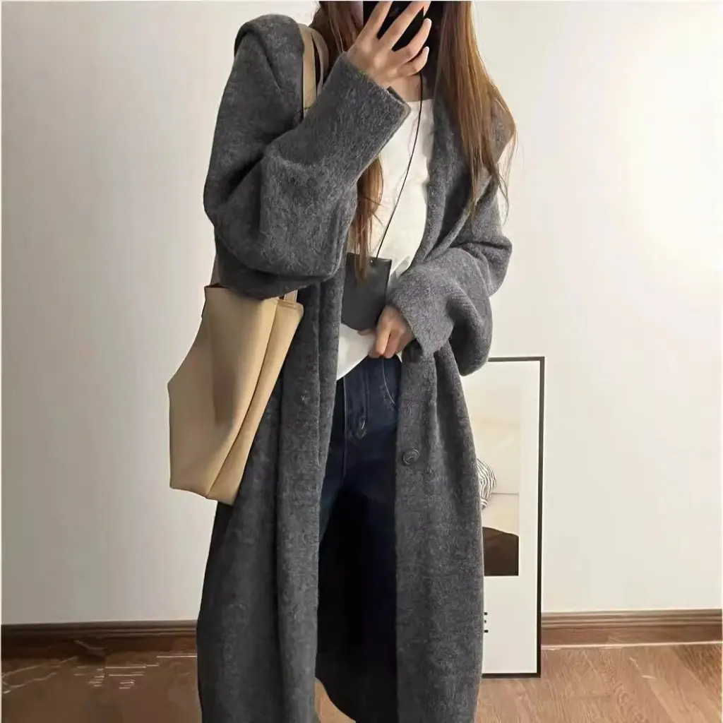 

Женский свитер с капюшоном, длинный кардиган большого размера, ленивый стиль, однотонная вязаная верхняя одежда на осень-зиму