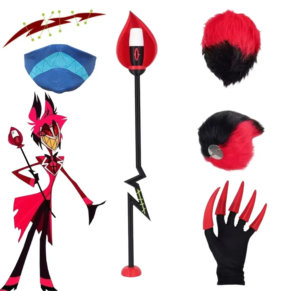 Hazzbin Alastor Cosplay Hotel Staff Microphones 3D Cane Tails Gloves Tattoo Costume Accessories Roleplay Halloween Carnival Prop