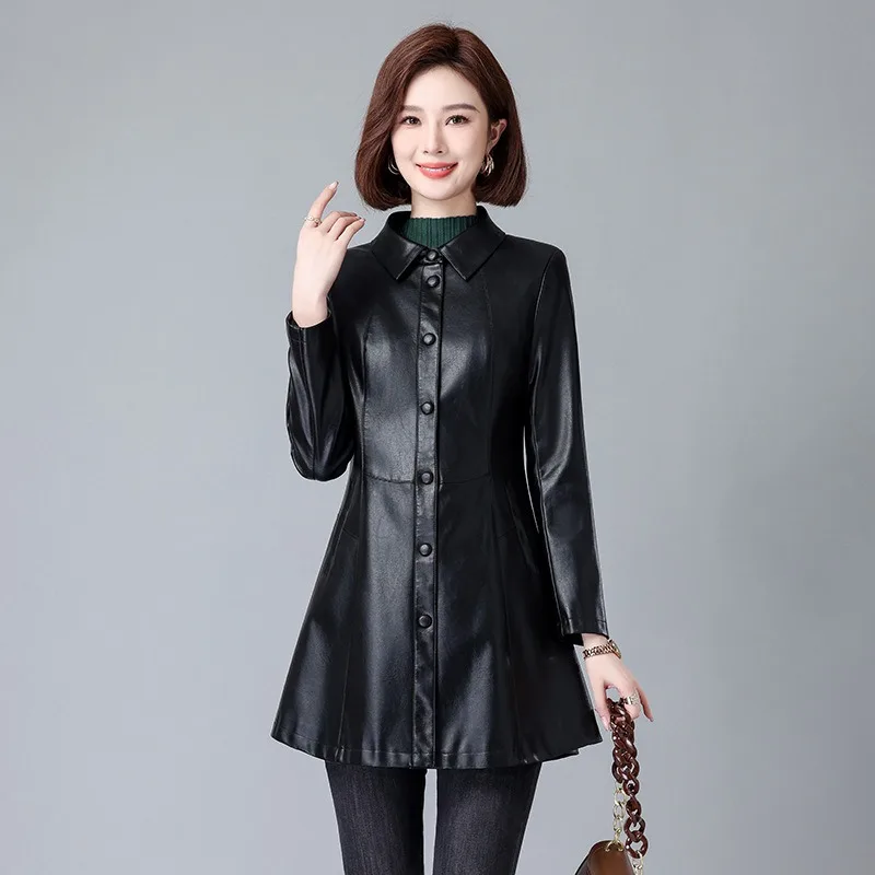 新しい女性のコート秋冬ファッションターンダウンカラーシングルブレストスリムトップミディアムロングスタイルサイドポケットレザージャケット