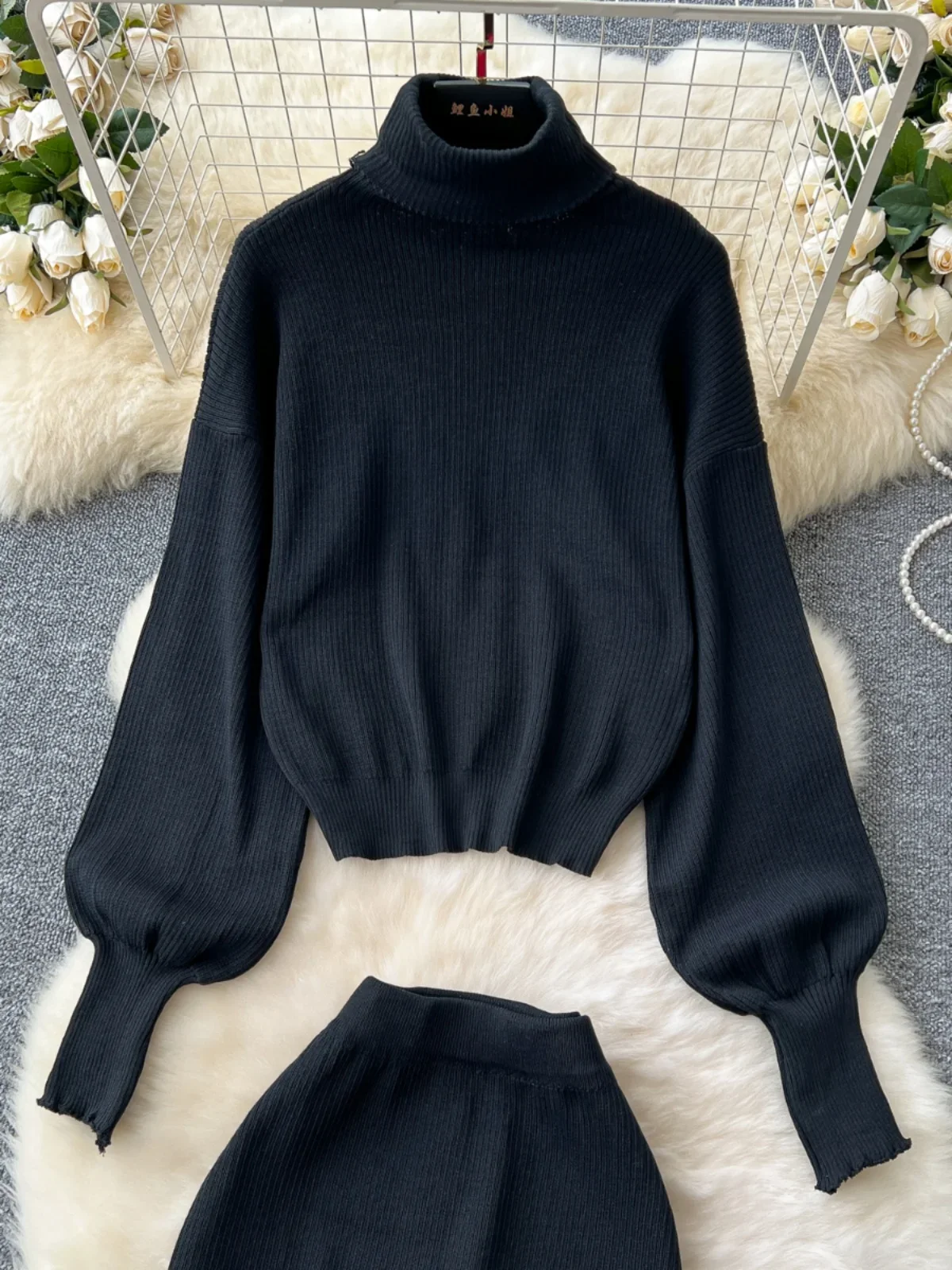 Women Turtleneck Two Piece Sets Auutmn Winter Long Sleeve Casual Knitted Sweater High Waisted Wrap Skirts Elgeant Tracksuits