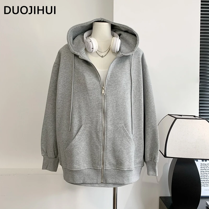 DUOJIHUI Two Piece Grey Chic Hooded Loose Female Hoodies Autumn Fashion Drawstring Skirt Loose Solid Color Zipper Women Hoodies