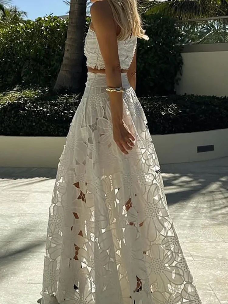 

Кружевной ажурный свободный пляжный комплект из двух предметов, женский сексуальный жилет с круглым вырезом, топ и юбка, летние костюмы, повседневные белые наряды с высокой талией