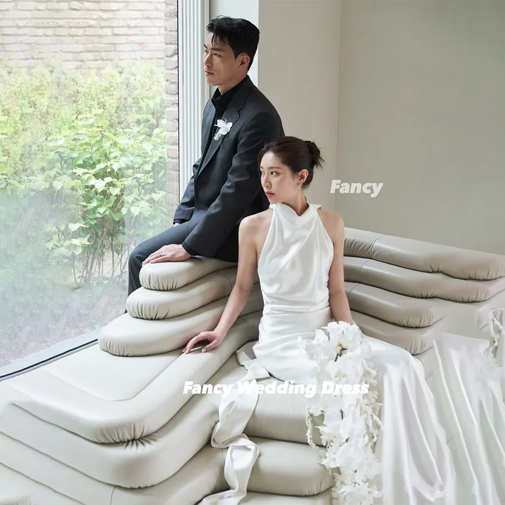 Fancy Elegant High Neck Korea Wedding Dress A Line Soft Satin Bridal Gown Floor Length Back Zip Customized