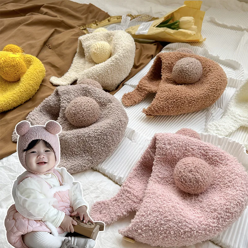 

Cute Winter Warm Kids Girl Boys Baby Hats Fleece Wool Hemming Caps with Ball Solid Wool Ear Protection Hats Soft Newborn Bonnet