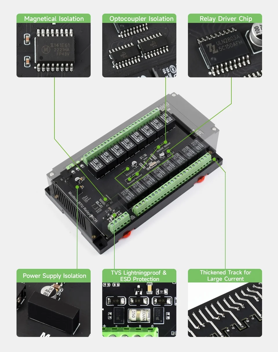 Modbus RTU 16-Ch Relay Module, RS485 Interface, With Multiple Isolation Protection Circuits