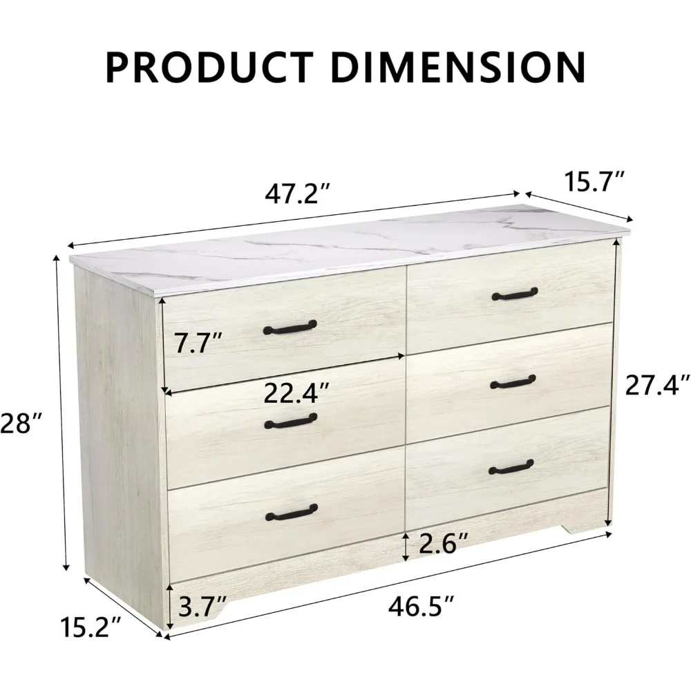 خزانة غرفة نوم مزدوجة ذات 6 أدراج بيضاء مغسولة مع مساحة تخزين وحامل تلفزيون #2