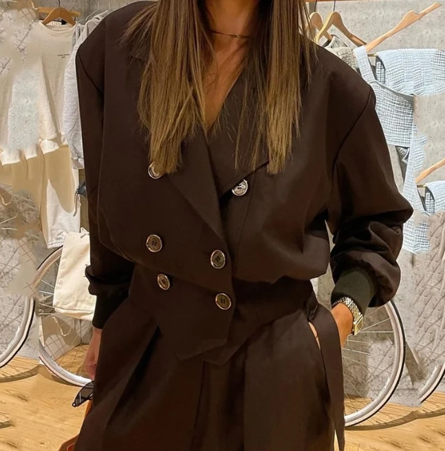 Sets for Women 2 Pieces 23023 Autumn New Lapel Elegant Long-Sleeved Top and Fashion High Street Long Sleeve Mid Pants Suit