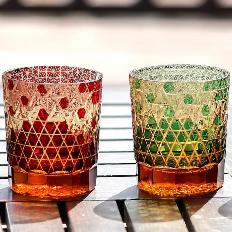 240 ml Handcrafted Edo Kiriko Hand Cut Amber Colored Crystal Glass Whiskey Tumbler Old Fashioned Cocktail 8.5oz Rock Glass Cup