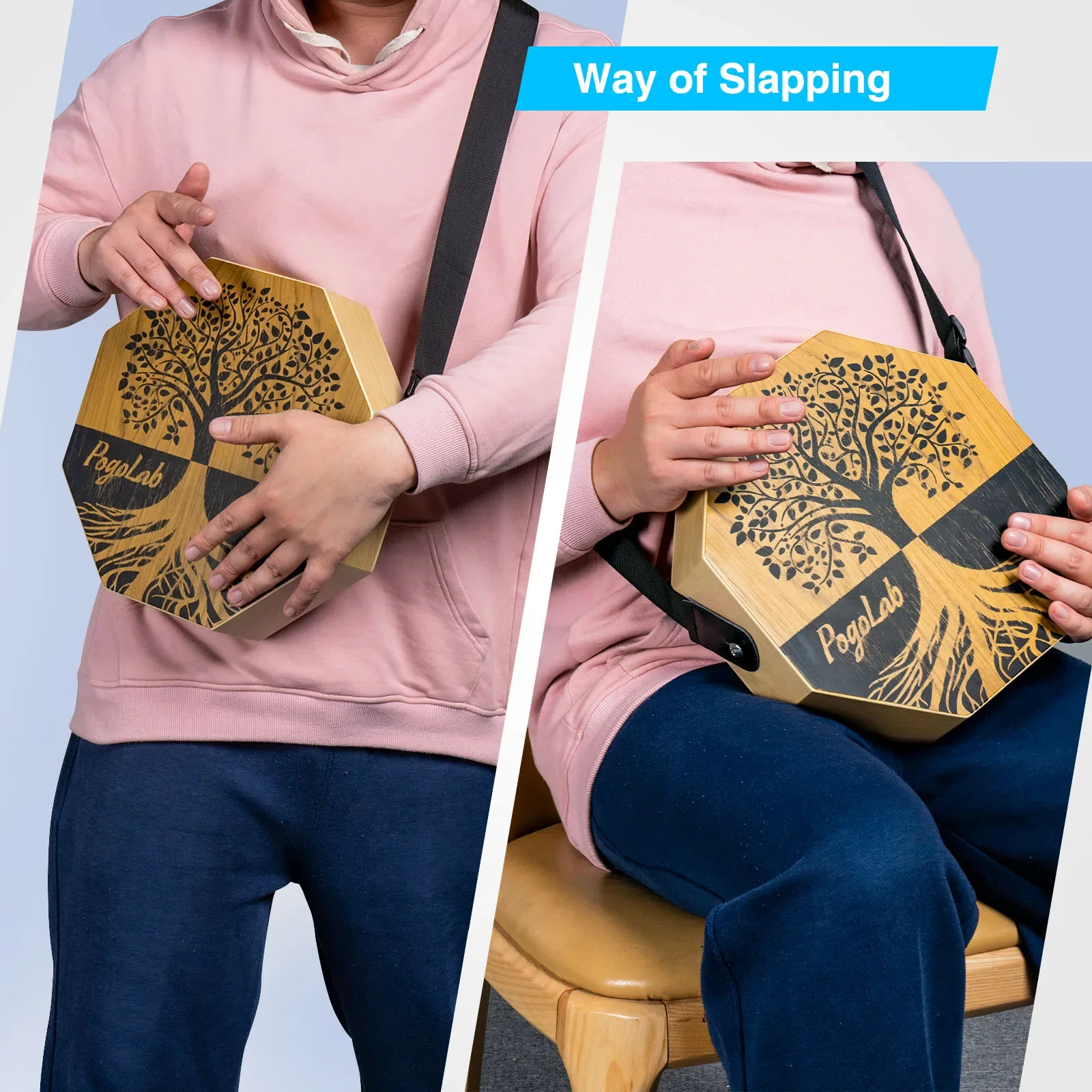 

Pogolab Unique Beginner Cajon Starter Kit - Portable Two-Tone Wood Drum W/ Carry Strap, Beautiful Acoustics