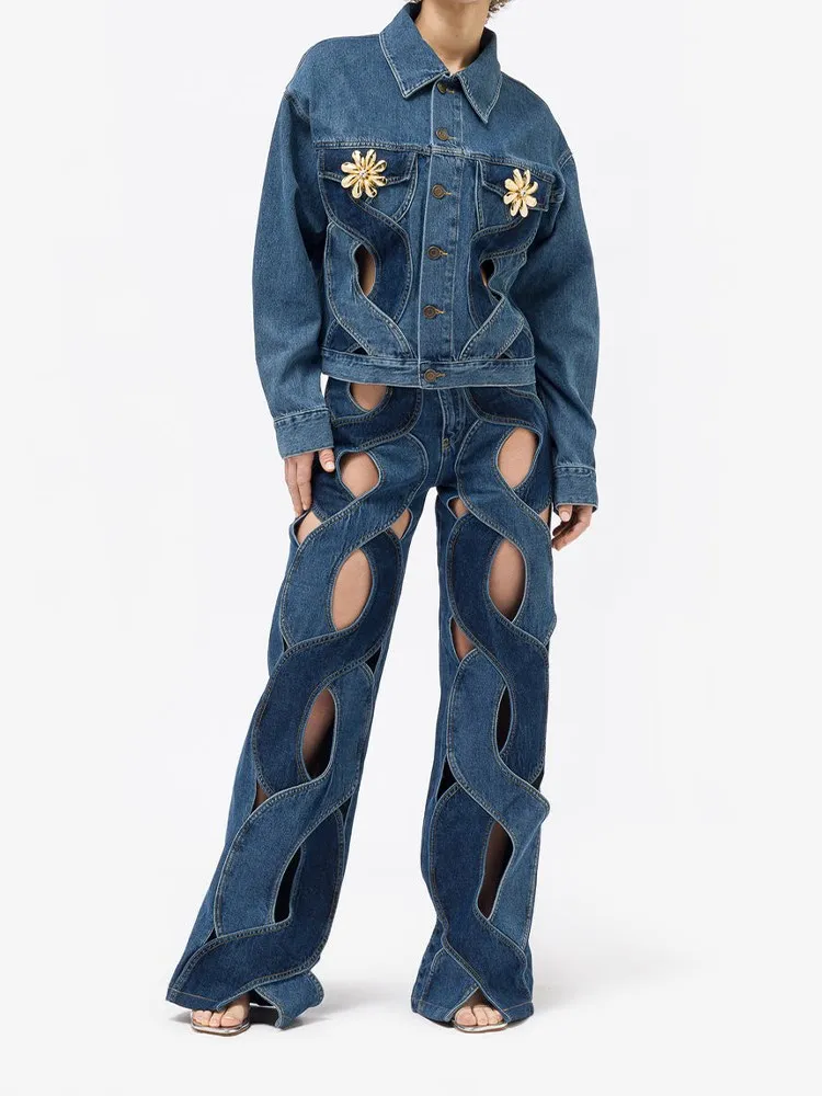 TWOTWINSTYLE scava fuori cappotti di jeans con paillettes impiombati per le donne cappotto monopetto a maniche lunghe con risvolto abbigliamento