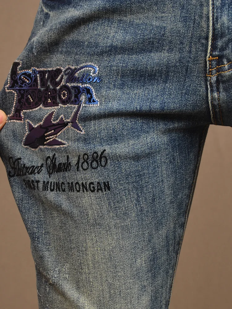 Blue with Holes Jeans Men's Trendy Tight Stretch High Fashion Vintage Print Distressed Casual Ankle Banded Pants