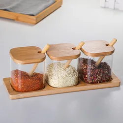 Glass Seasoning Jar Seasoning Bottle Home Salt Sugar Jar Spice Container Glass Spice Box Set with Wooden Spoon Kitchen Supplies