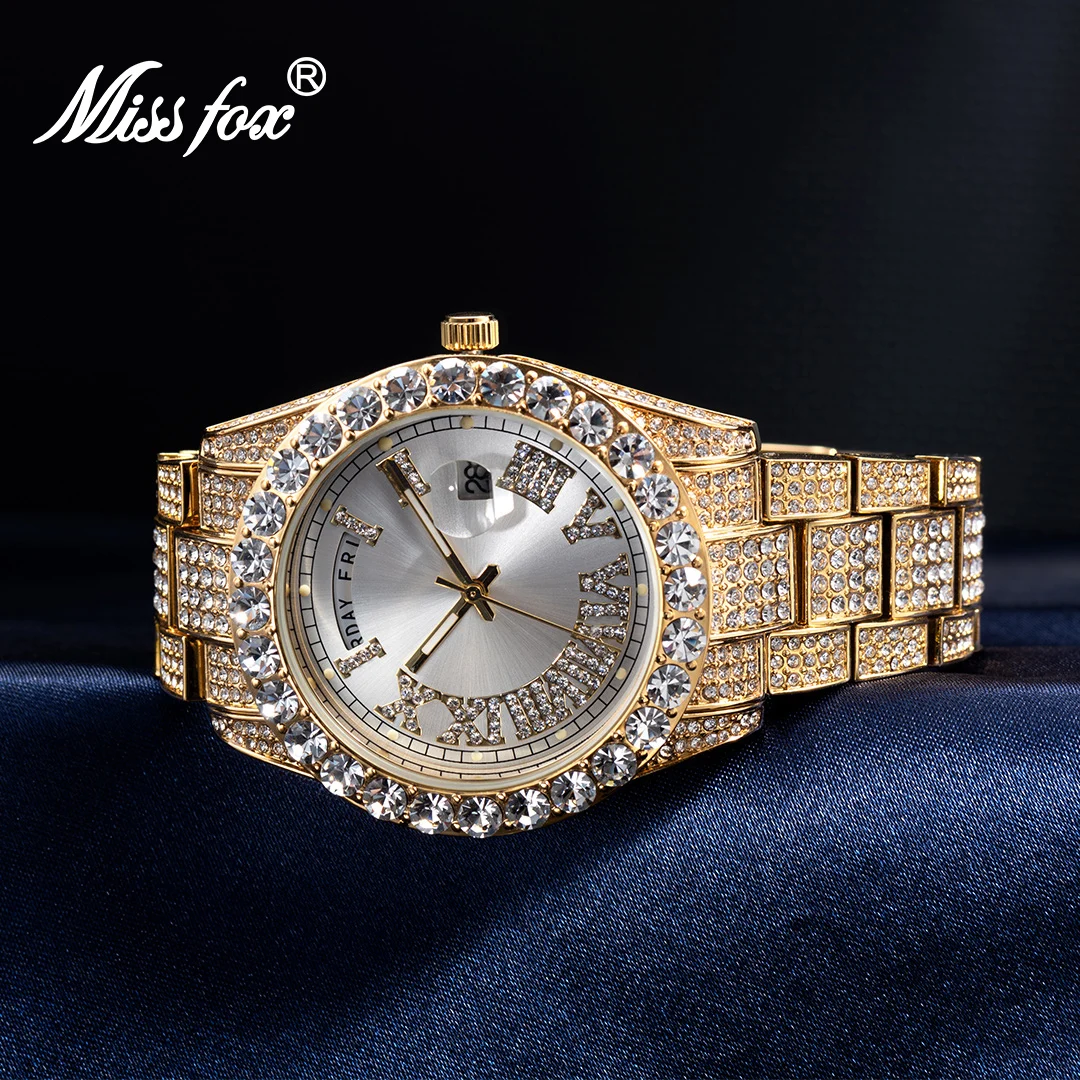 New Day Date Watch For Men Top 18k Gold Diamond Iced Out Male Reloj Luxury Luminous Bling Stainless Steel Quartz Wristwatch Gift