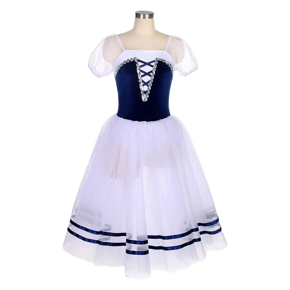 

18700 Royal Blue Velvet Stretch Bodice With Puff Sleeve Long Ballet Tutu For Girl & Women Ballerina Dance Costume Practice Dress