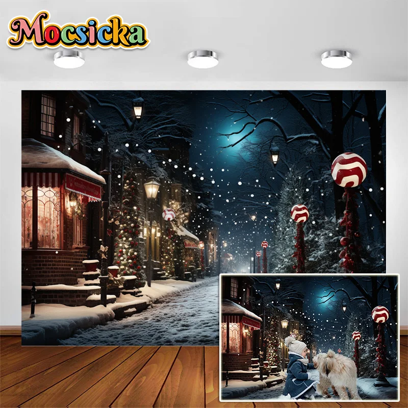 Winter Holiday Nighttime Backdrop Snowy Cozy Small Street With Lights Inside House Merry Christmas Retro Illustration Background