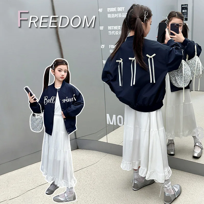 

Teenager Girls Autumn 2pcs Suits School Girls Letter Printed Bowknot Jacket Children Girls Elastic Waist Skirt Kids Girls Sets