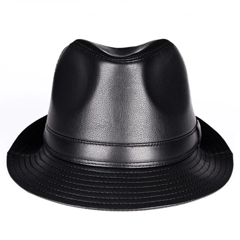 New 2024 Man High Quality Genuine Leather Jazz Fedora Gentleman Cow Skin Short Brim Black/Brown Top Hat Male Shows Topper