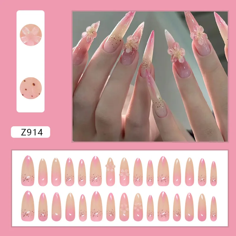 24 Stuks Lange Puntige Blush Valse Nagels Patches Volledige Cover Glanzende Nep Nagel Tips 3d Perzik Bloem Pers Op Nagels Draagbare Manicure