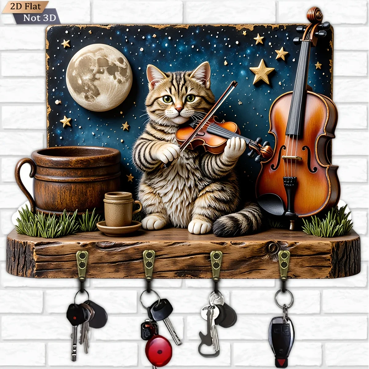 2D Flat, 1pc, Moonlit Cat Playing Violin Key Hook Wooden Multifunctional Home Key Holder with Four Metal Hooks, Wall
