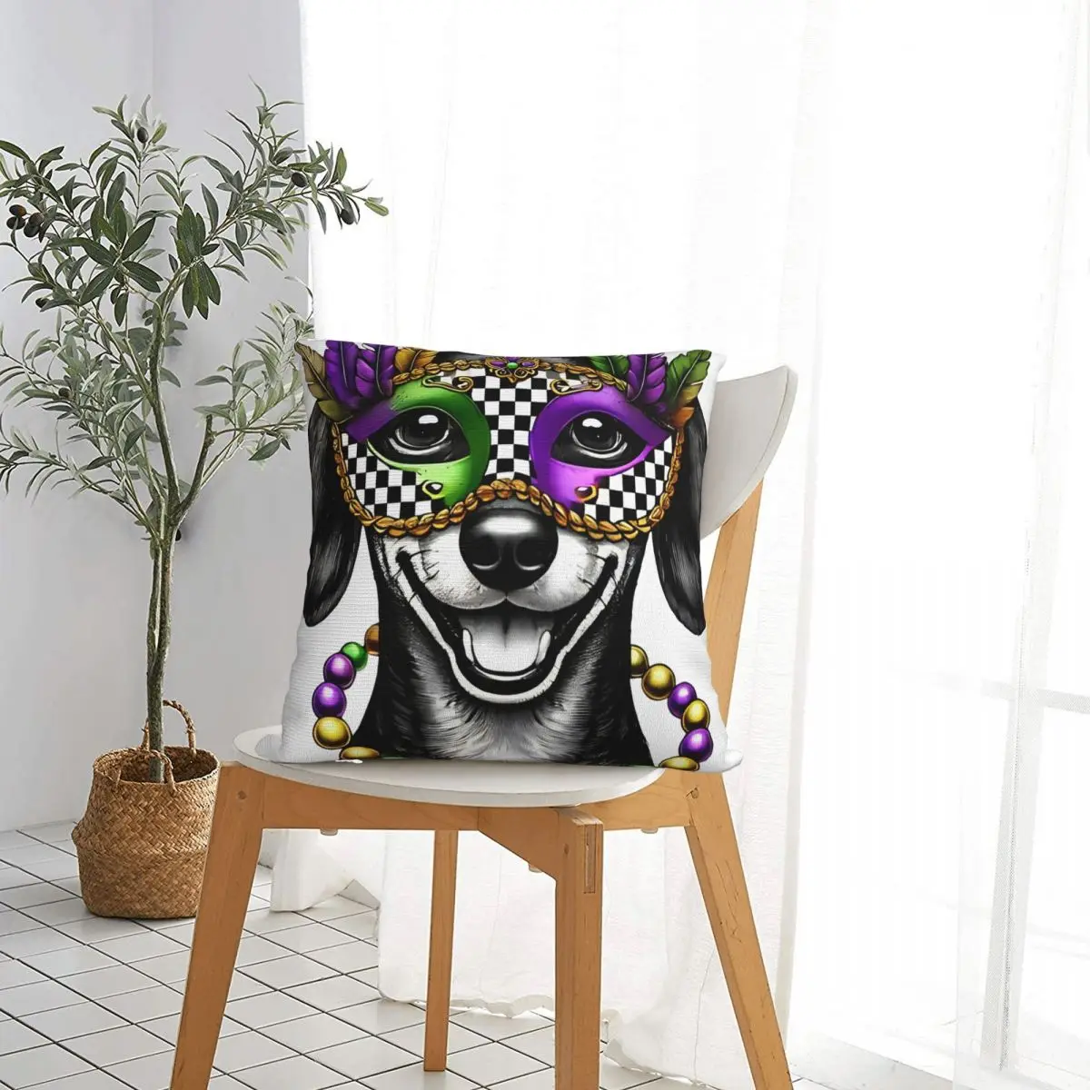 Dachshund Mardi Gras Mask And Beads Pillow Covers Polyester Car Cushion Cover Creative Decorative Pillow Cover 45*45