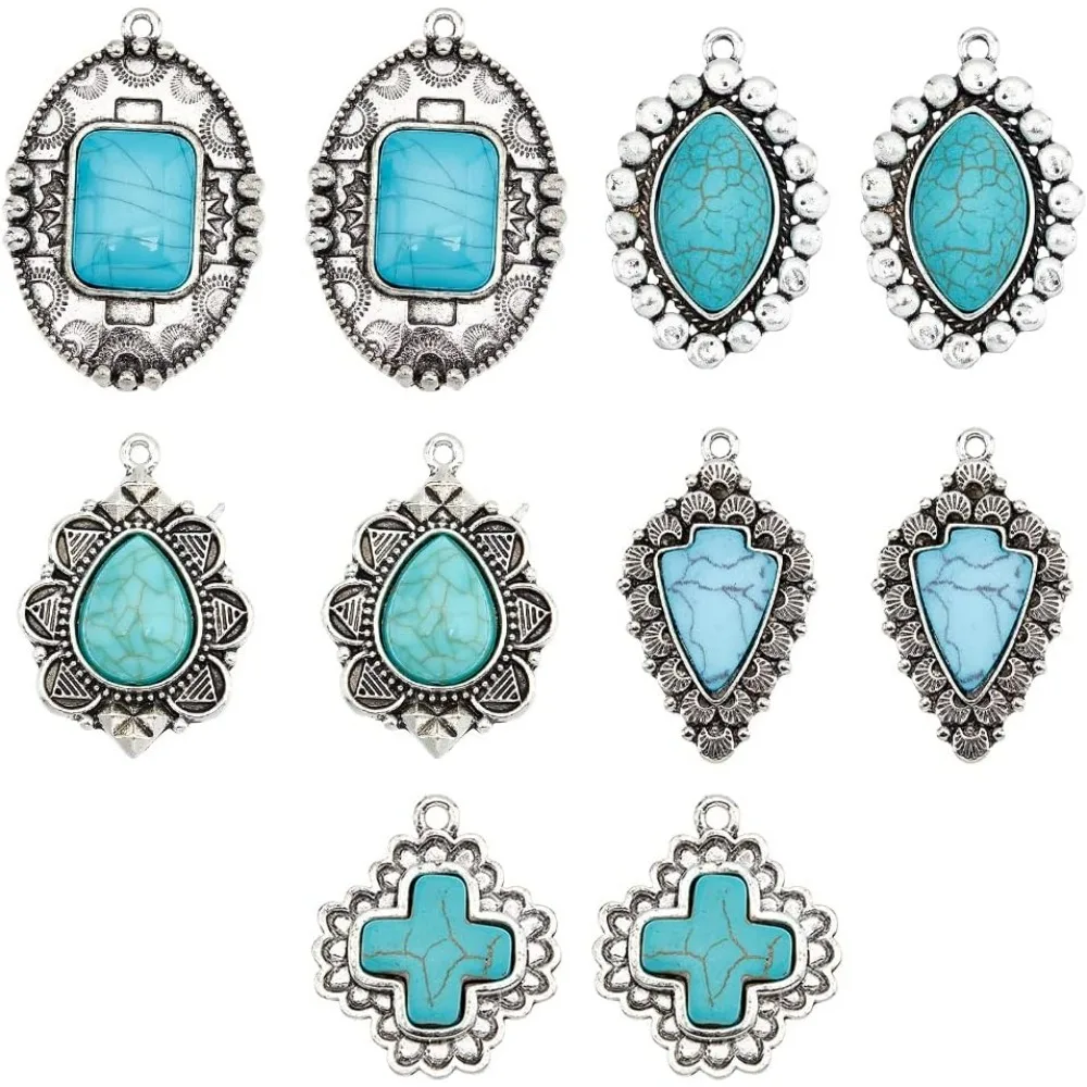 10pcs Turquoise Charms, 5 Styles Retro Cross Charms Stone Horse Eye Teardrop Flower Arrow Pendants Antique Silver Pendants