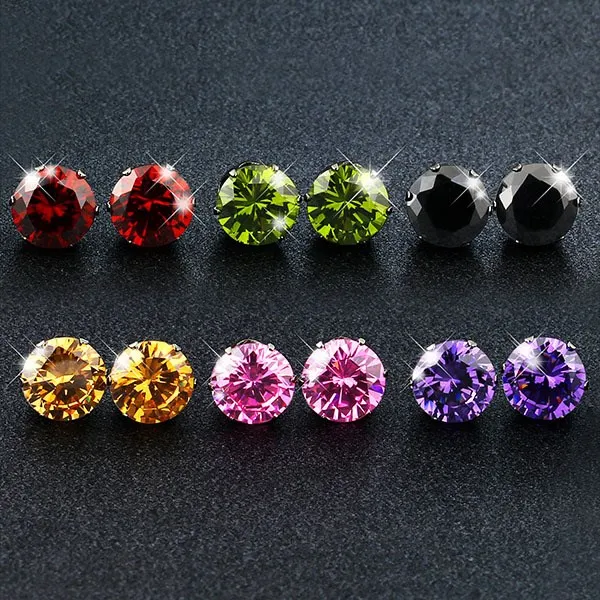 Classical 925 Sterling Silver Colorful 4-8MM Round Cubic Zircon Crystal Stud Earring for Women Anniversary Party Jewelry Gifts