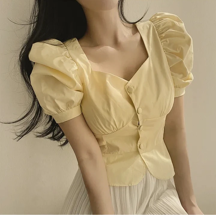 시크 빈티지 하트 칼라 싱글 버튼 반팔 셔츠 여성용 탑 한국 스타일 출퇴근용 순색 면직물 스트레이트 컷