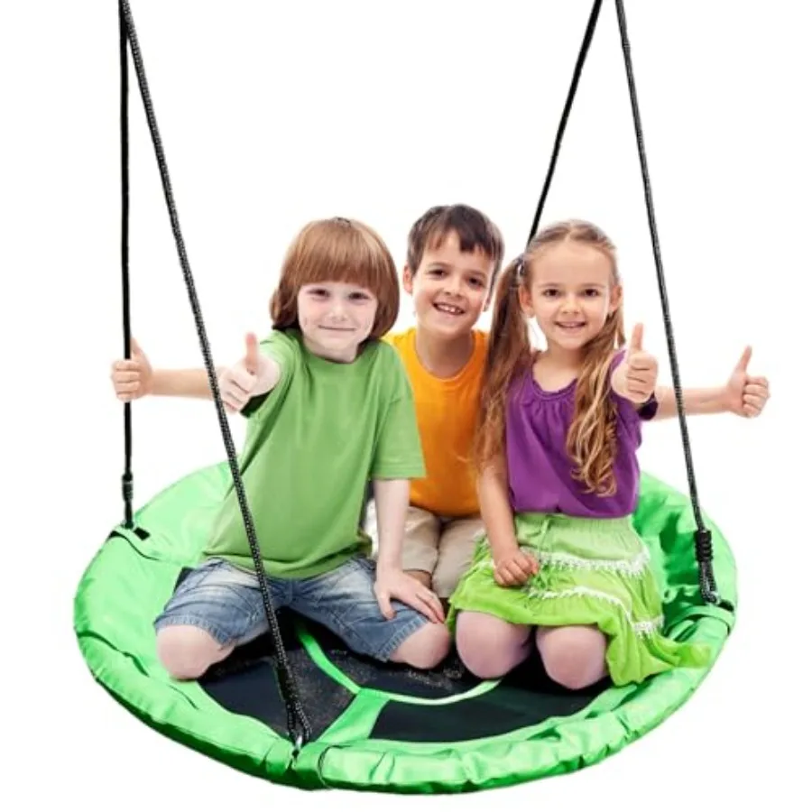 

Outdoor saucer swing for kids: heavy-duty steel frame, green weatherproof 600D seat, adjustable poly rope, fits 8' swing beam,