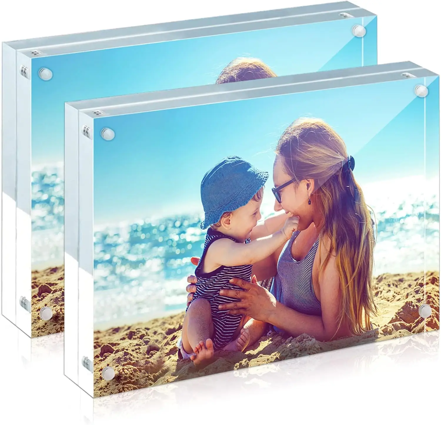 

Acrylic Frames, 2 Pack 5x7, 24mm Thicker Frameless Clear Frame, Double Sided Magnetic, Free Standing Desktop Display
