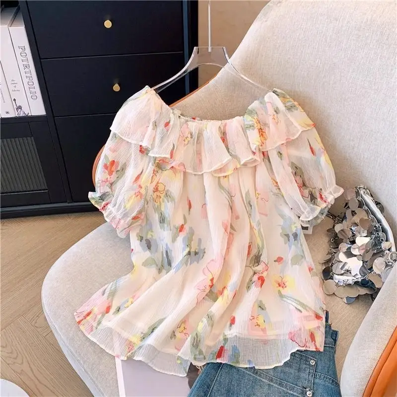 

Plus Size Women's Summer New French Floral Short Sleeve Off-shoulder Loose Ruffle Shirt Top