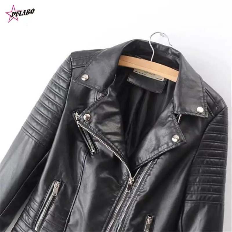 PULABO y2k Fashion Women's Motorcycle Imitation Leather Jacket Ladies Long-sleeved Autumn And Winter Riding Streetwear Pink ins