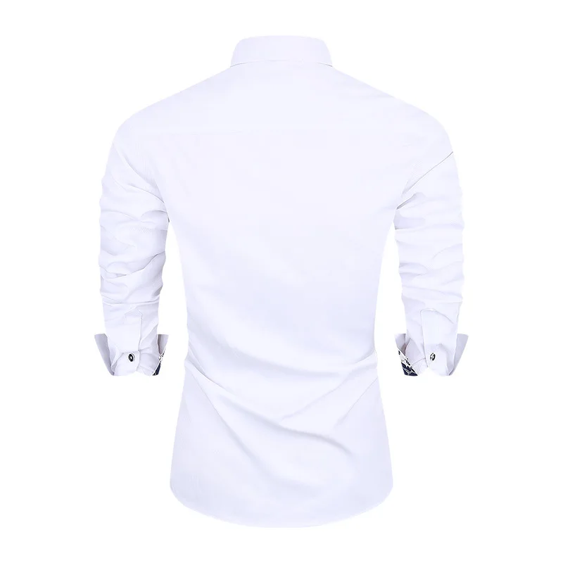 Spring/Autumn Men's White Long-Sleeve Shirt, Business Casual Shirts, Patchwork Details Available in Pink or Light Blue.