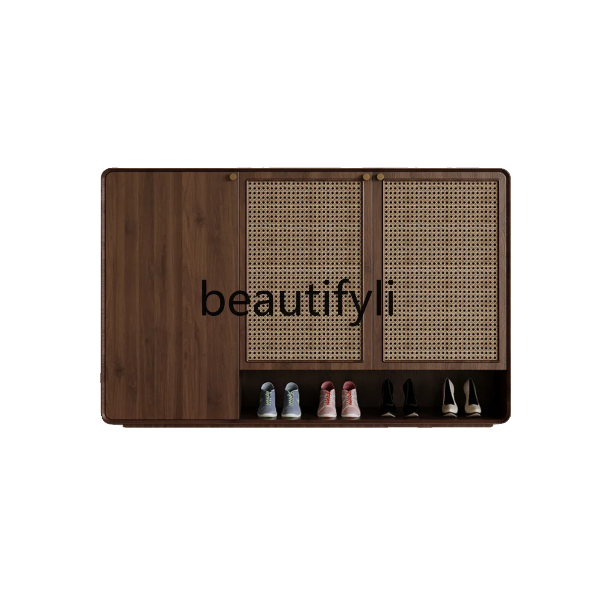 

Shoe cabinet Solid wood rattan woven into the living room Home entrance Modern simple walnut small shoe cabinet