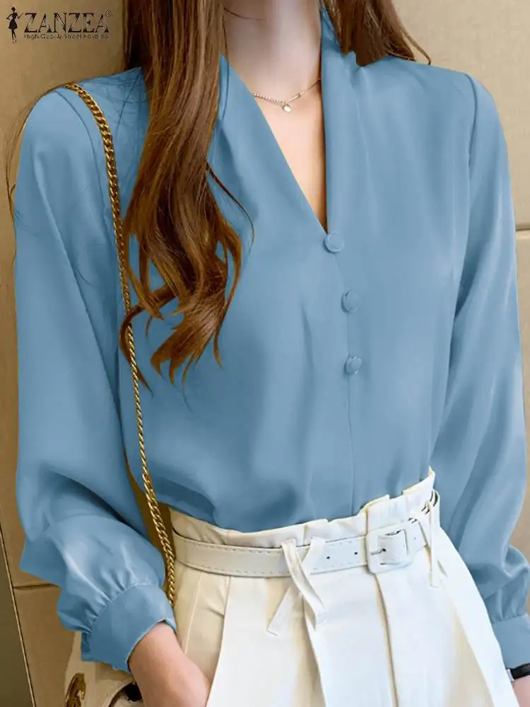 

ZANZEA Office Blouse Women V Neck Solid Shirt Causal Long Sleeve Work OL Tops Autumn Stylish Satin Blouses Female Party Tunic