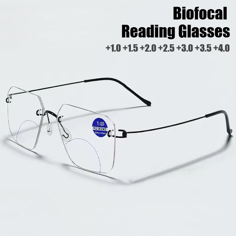 

Rimless Biofocal Reading Glasses for Both Near and Far Presbyopia GLasses for Men Women Anti Blue Light Ultralight Eyewear