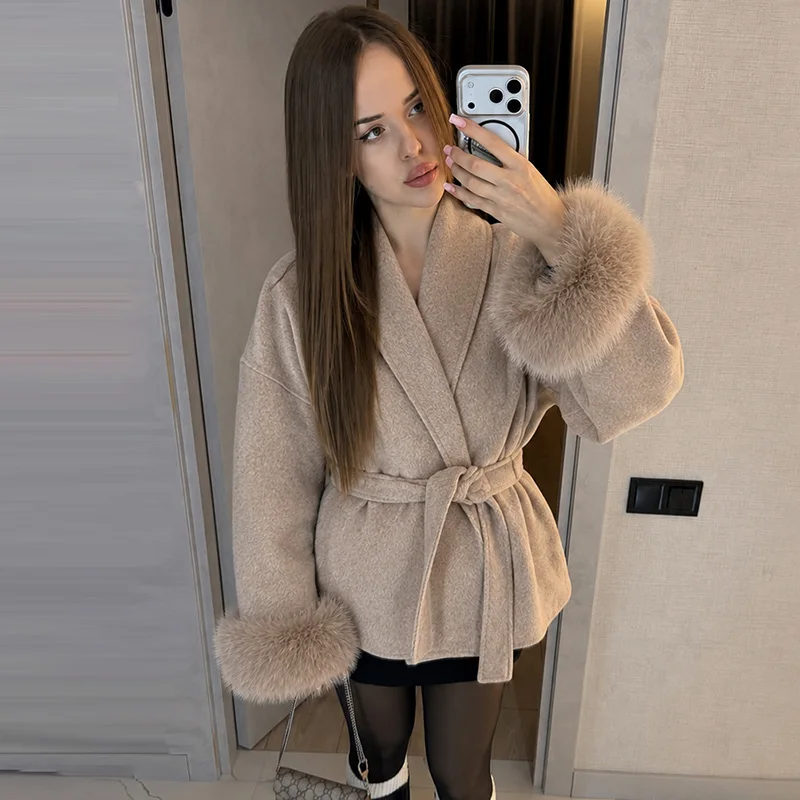 Fox Fur Woolen Coats Women's Short Coat Office Lady Removable Elegant Double-sided Wool Overcoat 2026 New Cardigan Jacket Femme