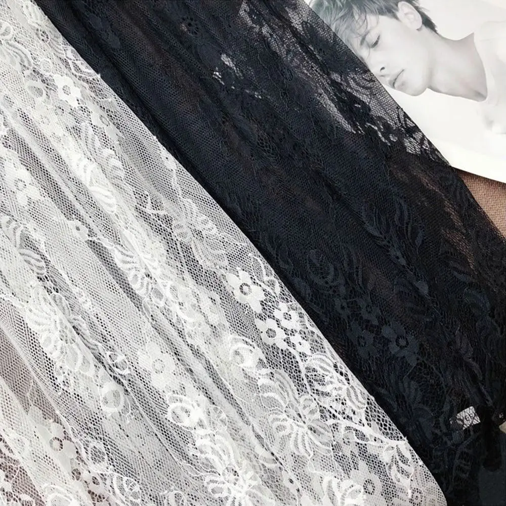 Fashion Thin Ice Silk Long Skirt High Waist Elastic Lace Midi Skirt Pure Color Mesh Flower Underskirt Women