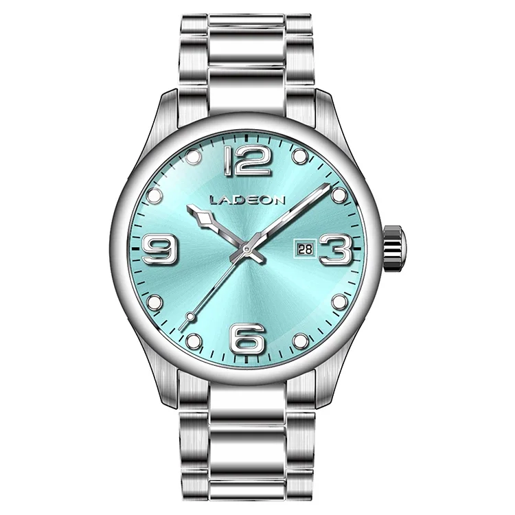 

LADEON New Design Waterproof Watches Men Blue Dial Calendar Display Stainless Steel Watch For Man