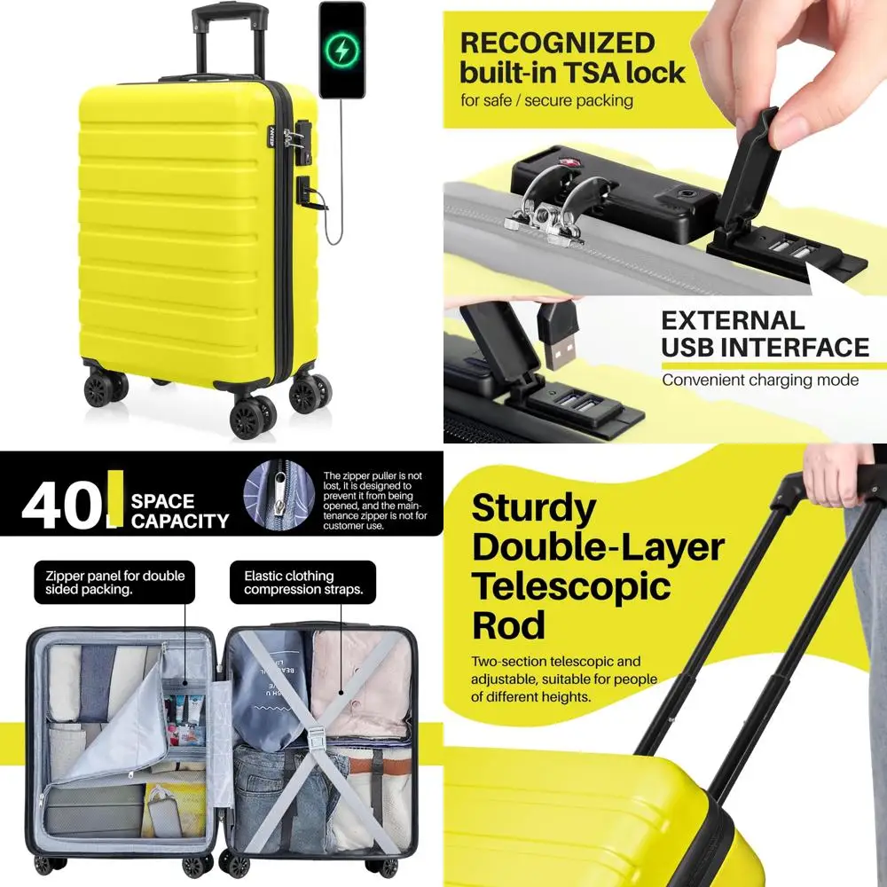 

Lightweight Kids Hardside ABS Carry-On Luggage with USB Port, Wheels, and TSA Lock - Yellow Suitcase for Travel