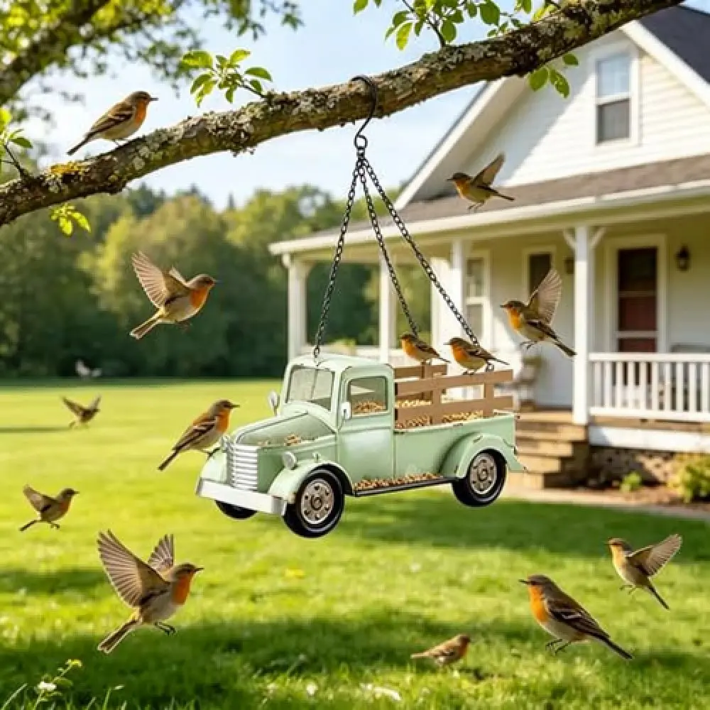 Decorative Metal Truck Bird Feeder Outdoor Garden Patio Hanging Ornament Wild Bird Feeding House Backyard Accessory