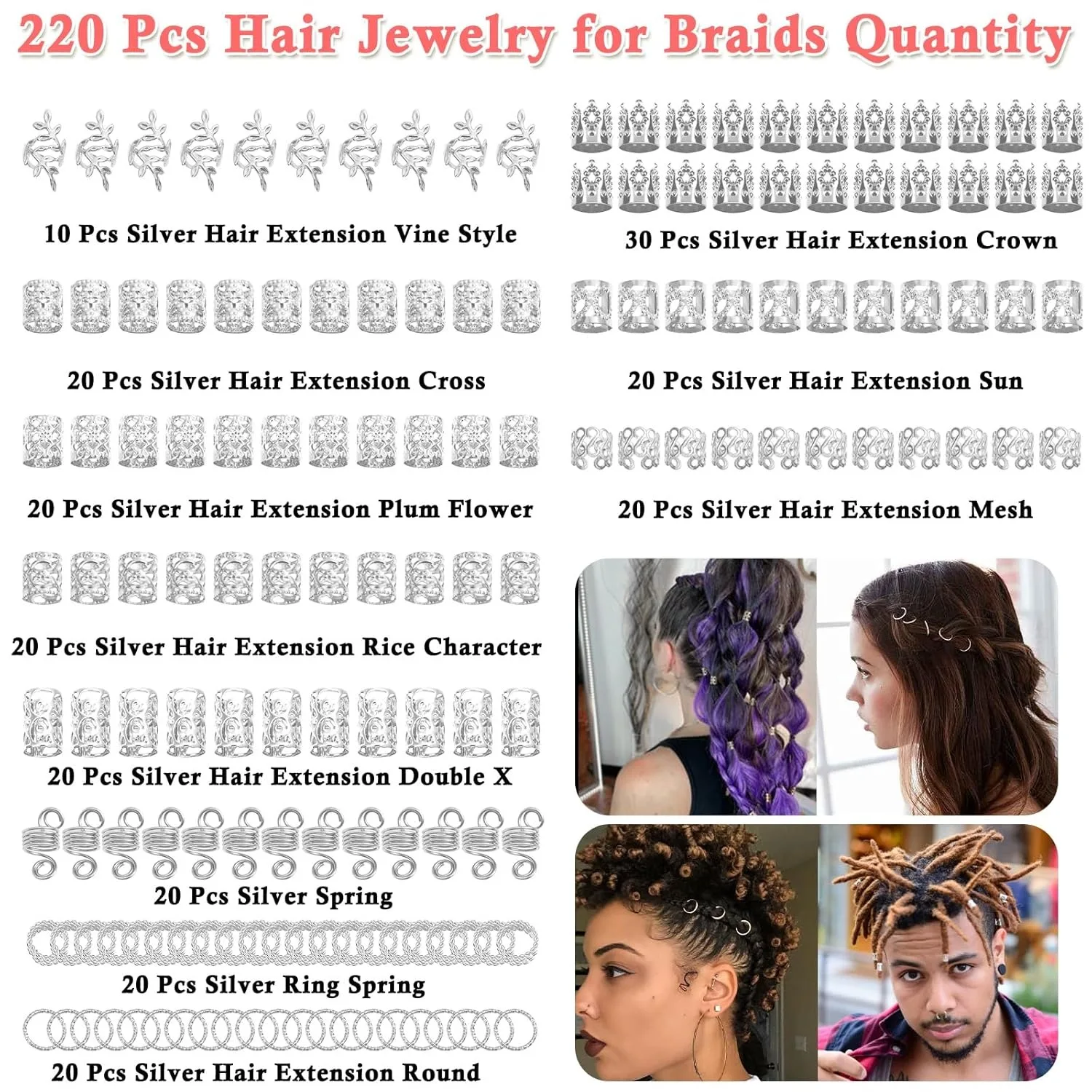 220Pcs Silver Hair Jewelry Metal Silver Braids Rings Cuffs Clips for Dreadlock Accessories Hair Braids Jewelry Decorations