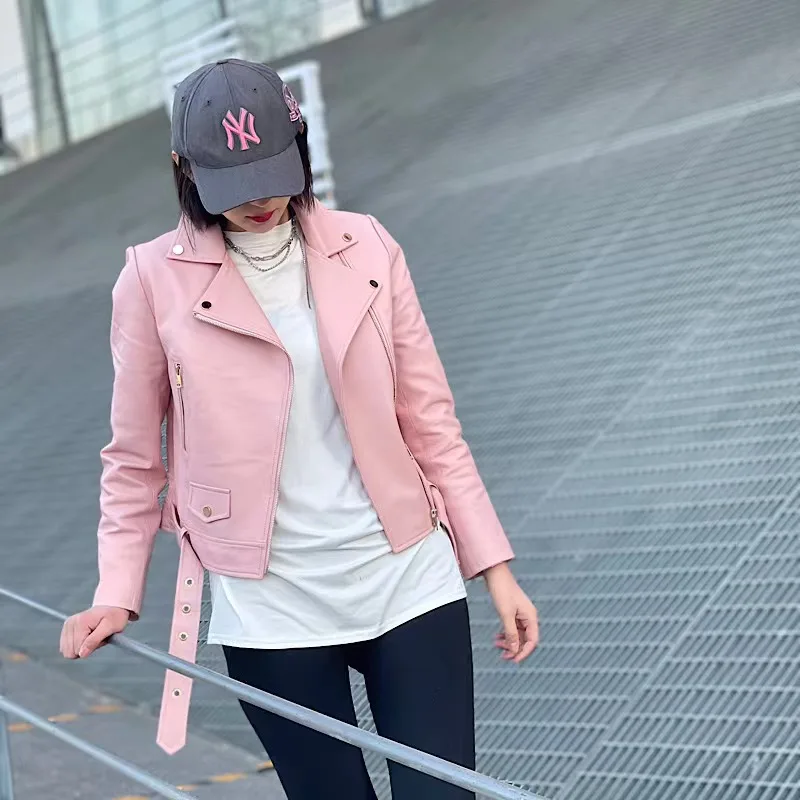 Chaqueta de piel auténtica para mujer, abrigo Vintage de piel de oveja Natural, color rosa, primavera y otoño, novedad de 2022