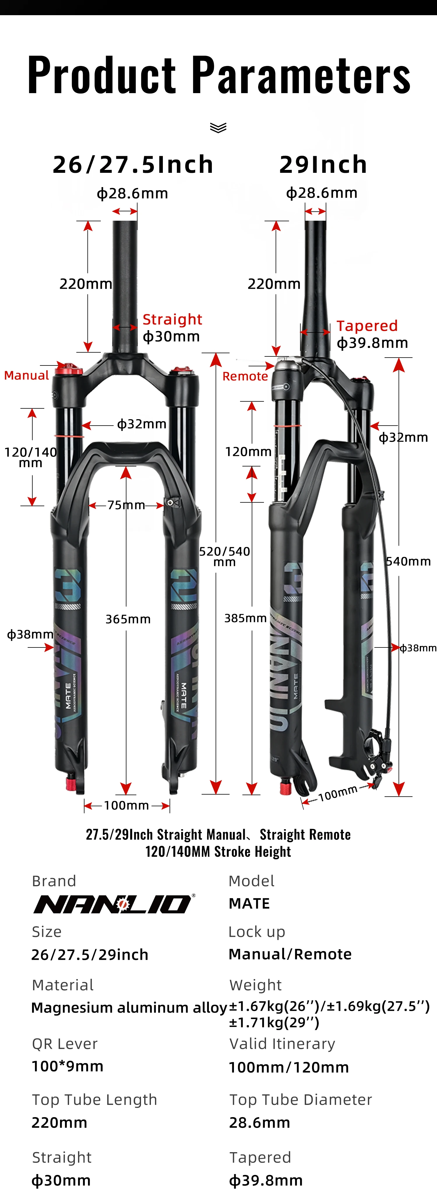NANLIO X7 Fahrrad-Luftgabel, Rückprall-Einstellung, 26/27,5/29 Zoll, gerade/konisch, RL/LO MTB-Fahrradgabel, 120 140 mm, Reisen – Detail 4