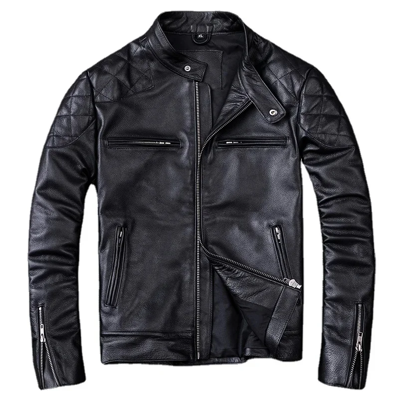 Spring and Autumn Natural Cowhide Leather Jacket Men Motorcycle Jackets Biker Clothing Man Slim Real Coat