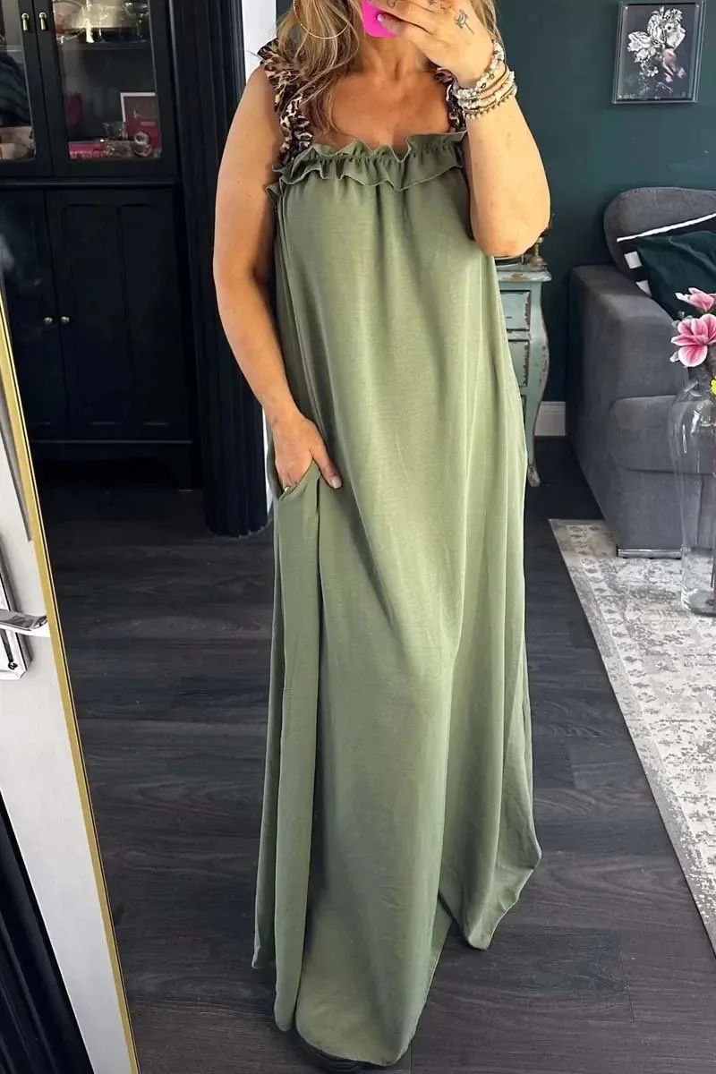 

2025 Fashion Leopard Print Suspender Splicing Dress Casual Pleated One-length Neck Pocket Long Dress Loose Big Hem Dresses
