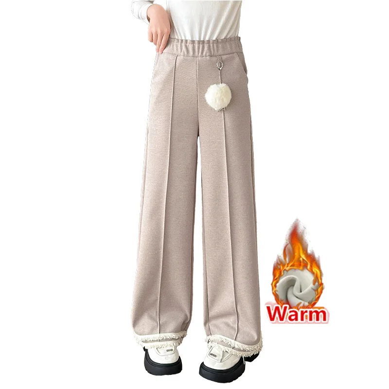 

Child Winter Insulated Pants with Ball Chain For Girl Teenager Warm Corduroy Sweatpants Kids Straight Warm Fleece Lined Trousers