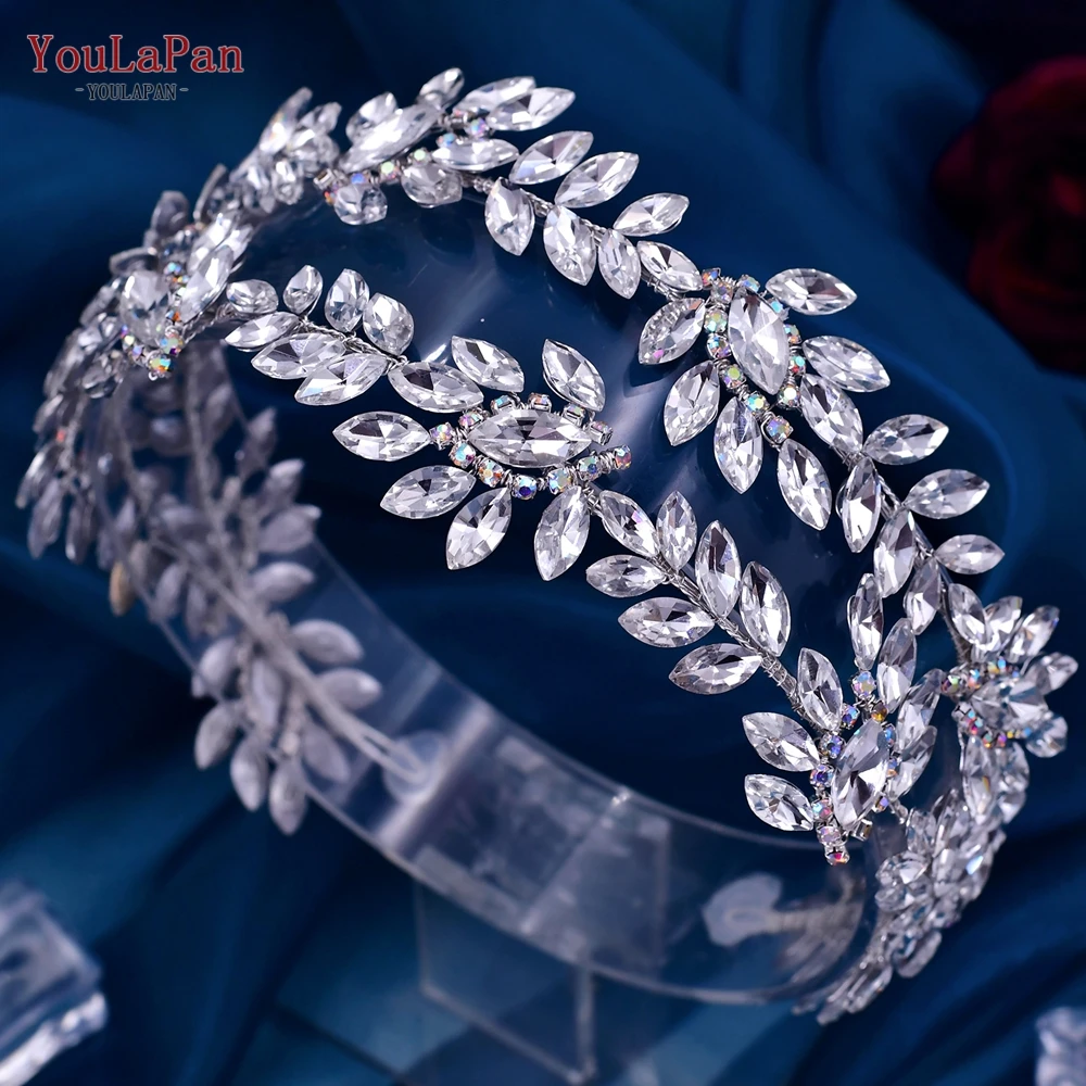 YouLaPan Crystal Bride Headband Floral Wedding Hair Accessories Queen Crown Bridal Tiara Headdress Handmade Headwear HP450