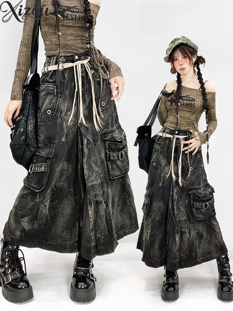 

Women Denim Cargo Skirt Black Tie-Dye High Waist Eyelets Pockets Distressed Pleats Midi Length Autumn Winter Grunge Streetwear